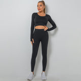 Seamless solid color high-stretch low-neck long-sleeve yoga suit set， two-piece sports running fitness outfit